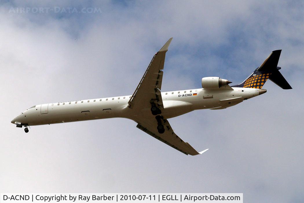 D-ACND, 2009 Bombardier CRJ-701 (CL-600-2C10) Regional Jet C/N 15238, Canadair CRJ- 900LR [15238] (Lufthansa Regional/Eurowings) Home~G 11/07/2010. On approach 27R.