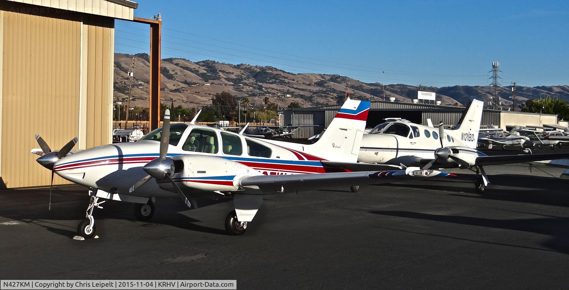 N427KM, 1974 Beech 95-B55 (T42A) Baron C/N TC-1818, Locally-based 1974 Beechcraft Baron 55 sitting in front of the Lafferty hangar at Reid Hillview Airport, San Jose, CA. It is currently for sale: www.laffertyair.com