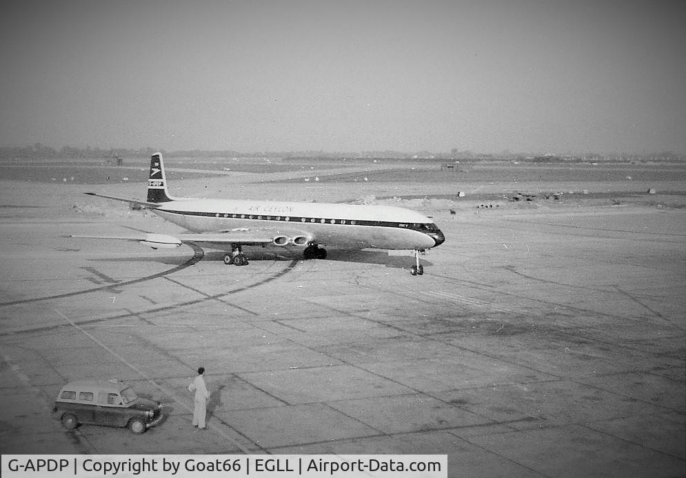 G-APDP, De Havilland DH.106 Comet 4 C/N 6417, Taken at Heathrow during May 1965, G-APDP in basics of BOAC livery, but with Air Ceylon titles