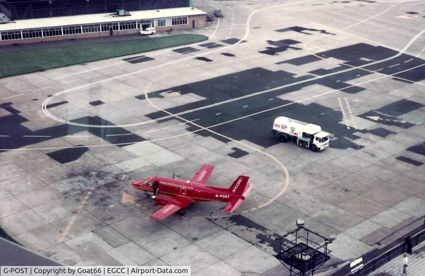 G-POST, 1980 Embraer EMB-110P1 Bandeirante C/N 110252, Parked below the (old) Manchester tower, in May 1983 G-POST was operated by Air Ecosse in Royal Mail Datapost livery