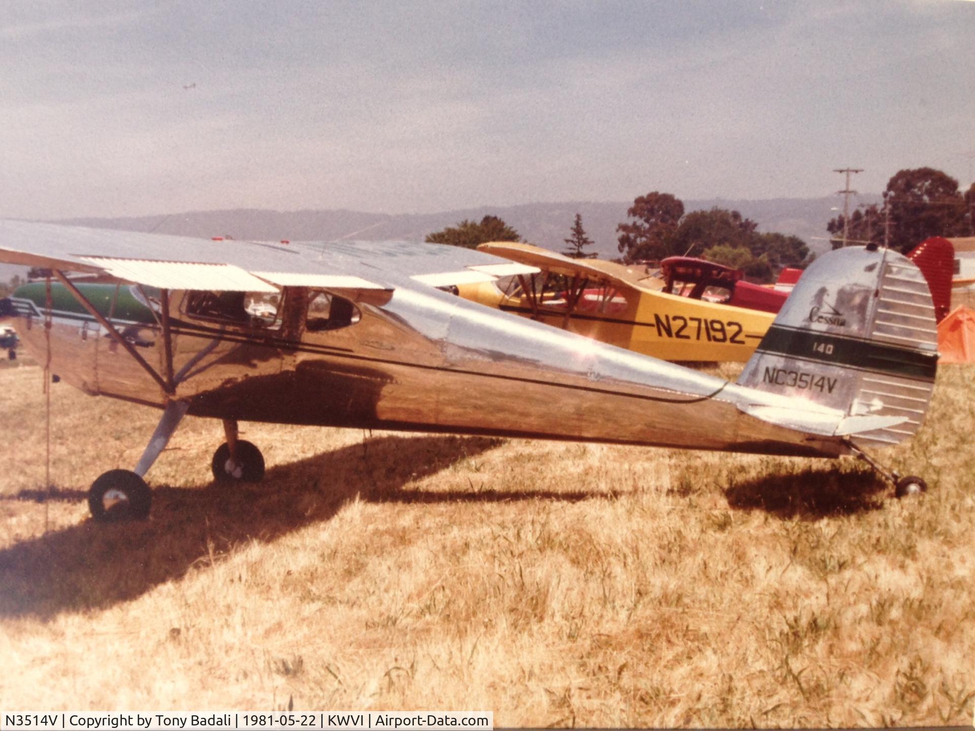 N3514V, 1948 Cessna 140 C/N 14819, I used to own this airplane from 1980-1983. 
Here is a shot from the Watsonville Fly-In in 1981.
Glad she's still flying, but get to work on the polish job!