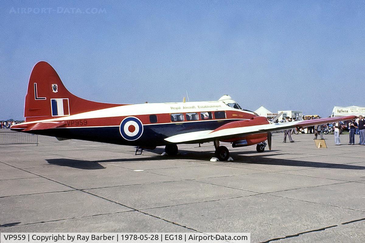 VP959, 1948 De Havilland DH-104 Devon C.2 C/N 04088, De Havilland DH.104 Devon C.2 [04088] (Royal Aircraft Establishment) RAF Bassingbourn~G 28/05/1978. From a slide.