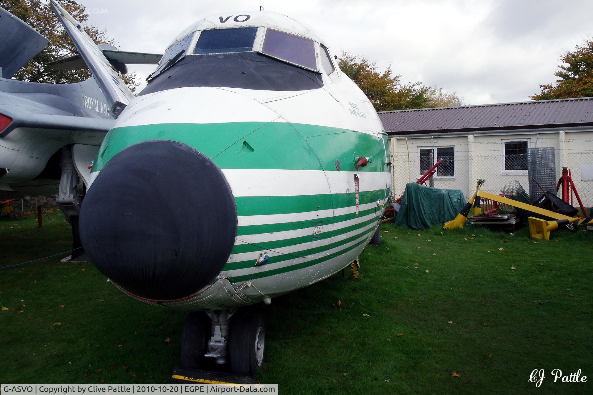 G-ASVO, 1964 Handley Page HPR-7 Herald 214 C/N 185, Nose on external display, still showing some of its former 'Channel Express' colour scheme, at the Highland Aviation Museum located at Inverness airport EGPE