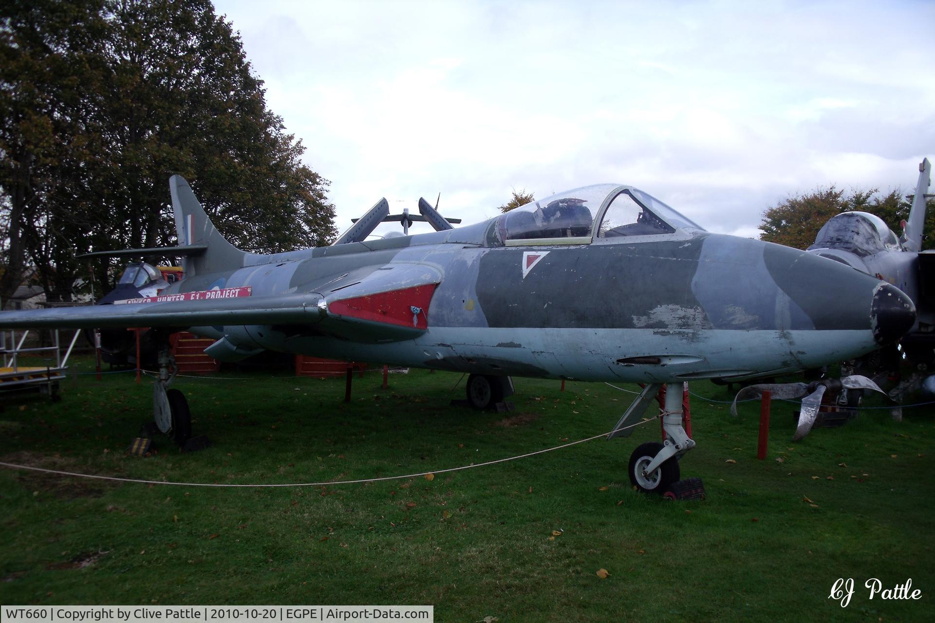 WT660, 1954 Hawker Hunter F.1 C/N 41H-665495, On external display, coded 'C'  in RAF 43 Sqn colours,  at the Highland Aviation Museum located at Inverness airport EGPE Scotland.
