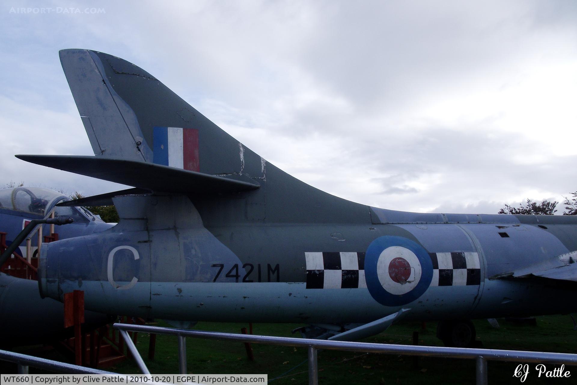 WT660, 1954 Hawker Hunter F.1 C/N 41H-665495, Tail detail. On external display, coded 'C'  in RAF 43 Sqn colours,  at the Highland Aviation Museum located at Inverness airport EGPE Scotland.