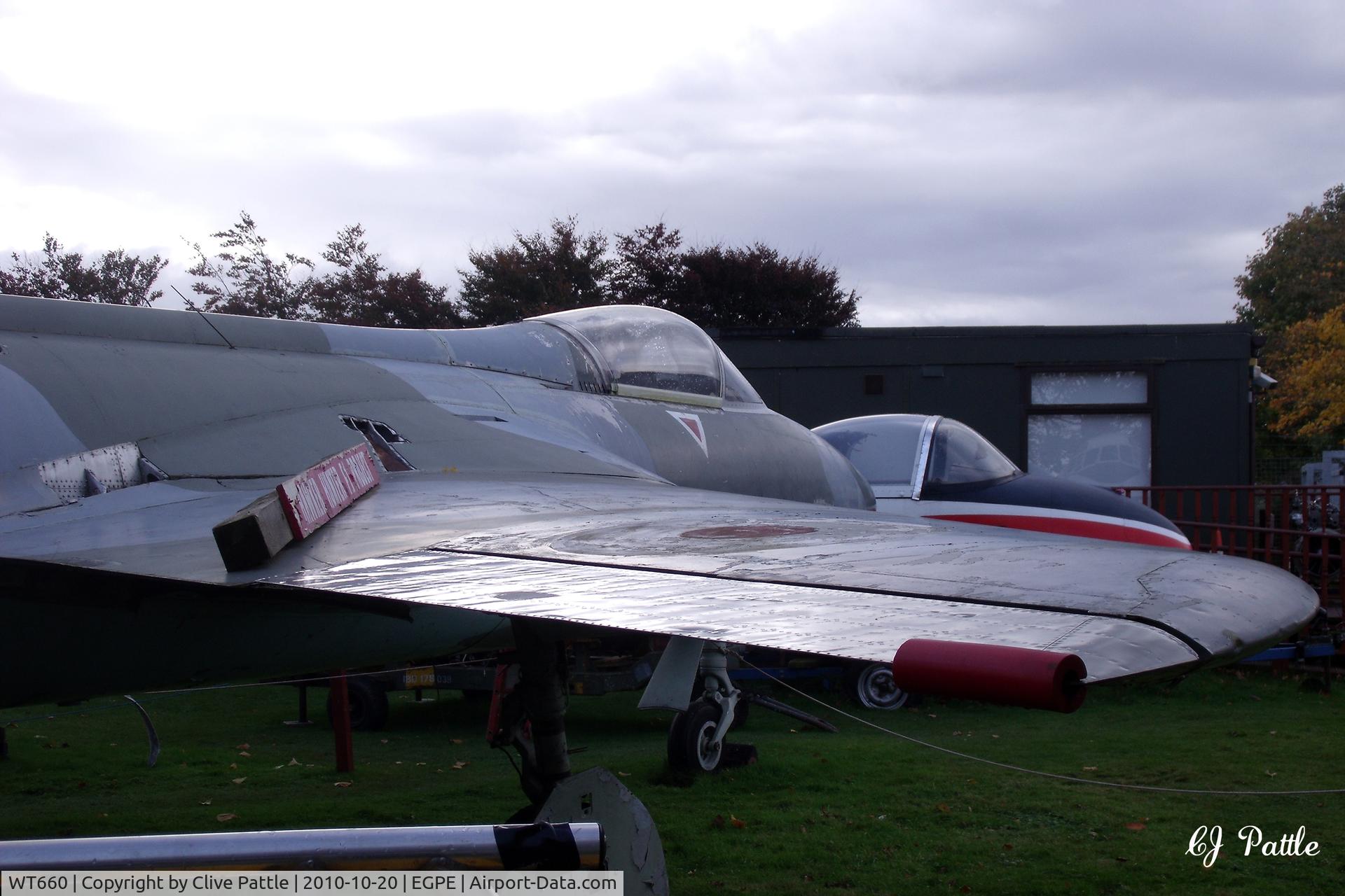 WT660, 1954 Hawker Hunter F.1 C/N 41H-665495, On external display, coded 'C'  in RAF 43 Sqn colours,  at the Highland Aviation Museum located at Inverness airport EGPE Scotland.