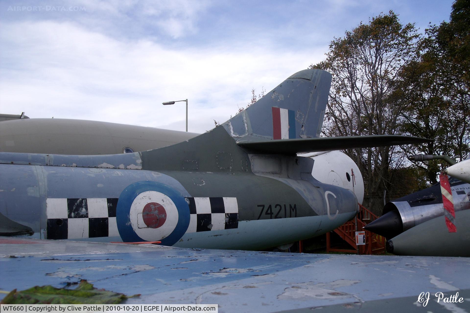 WT660, 1954 Hawker Hunter F.1 C/N 41H-665495, Tail detail. On external display, coded 'C'  in RAF 43 Sqn colours,  at the Highland Aviation Museum located at Inverness airport EGPE Scotland.