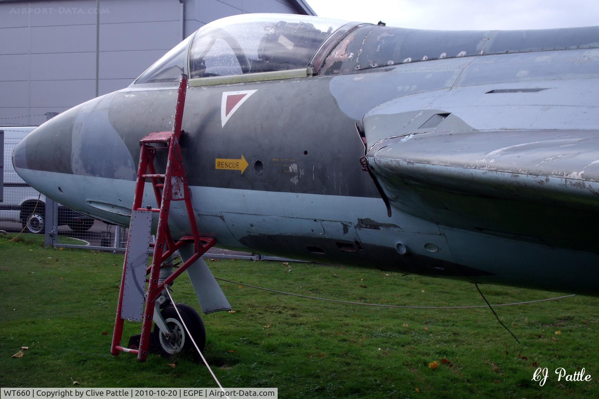 WT660, 1954 Hawker Hunter F.1 C/N 41H-665495, On external display, coded 'C'  in RAF 43 Sqn colours,  at the Highland Aviation Museum located at Inverness airport EGPE Scotland.