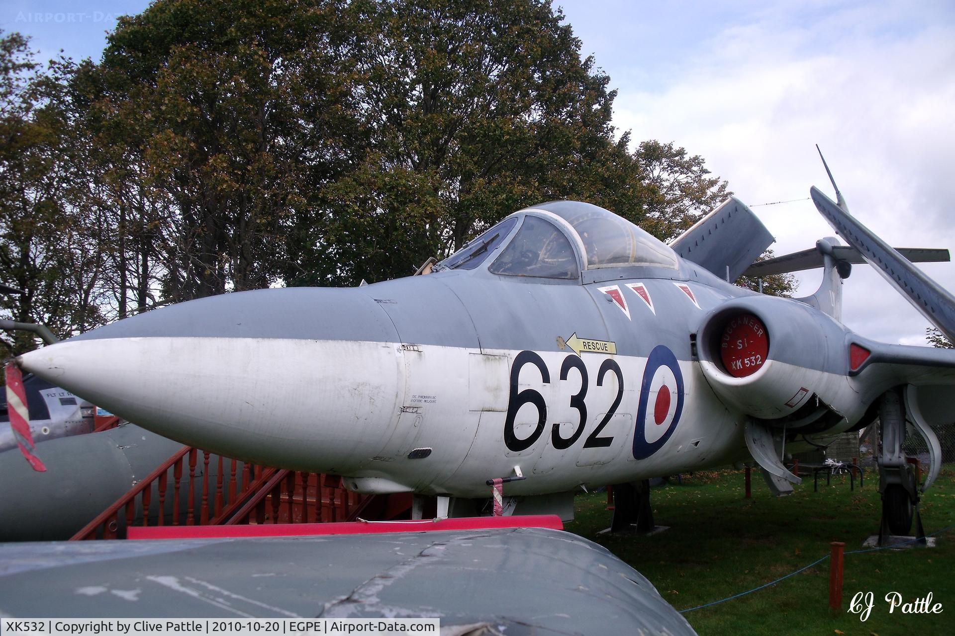 XK532, 1961 Blackburn Buccaneer S.1 C/N B3-06-60, Ex RAF Lossiemouth Gate Guard (photographer saw it on the dump at 'Lossie' in July 1992) now on external display, in its former FAA colours,  at the Highland Aviation Museum located at Inverness airport EGPE Scotland.