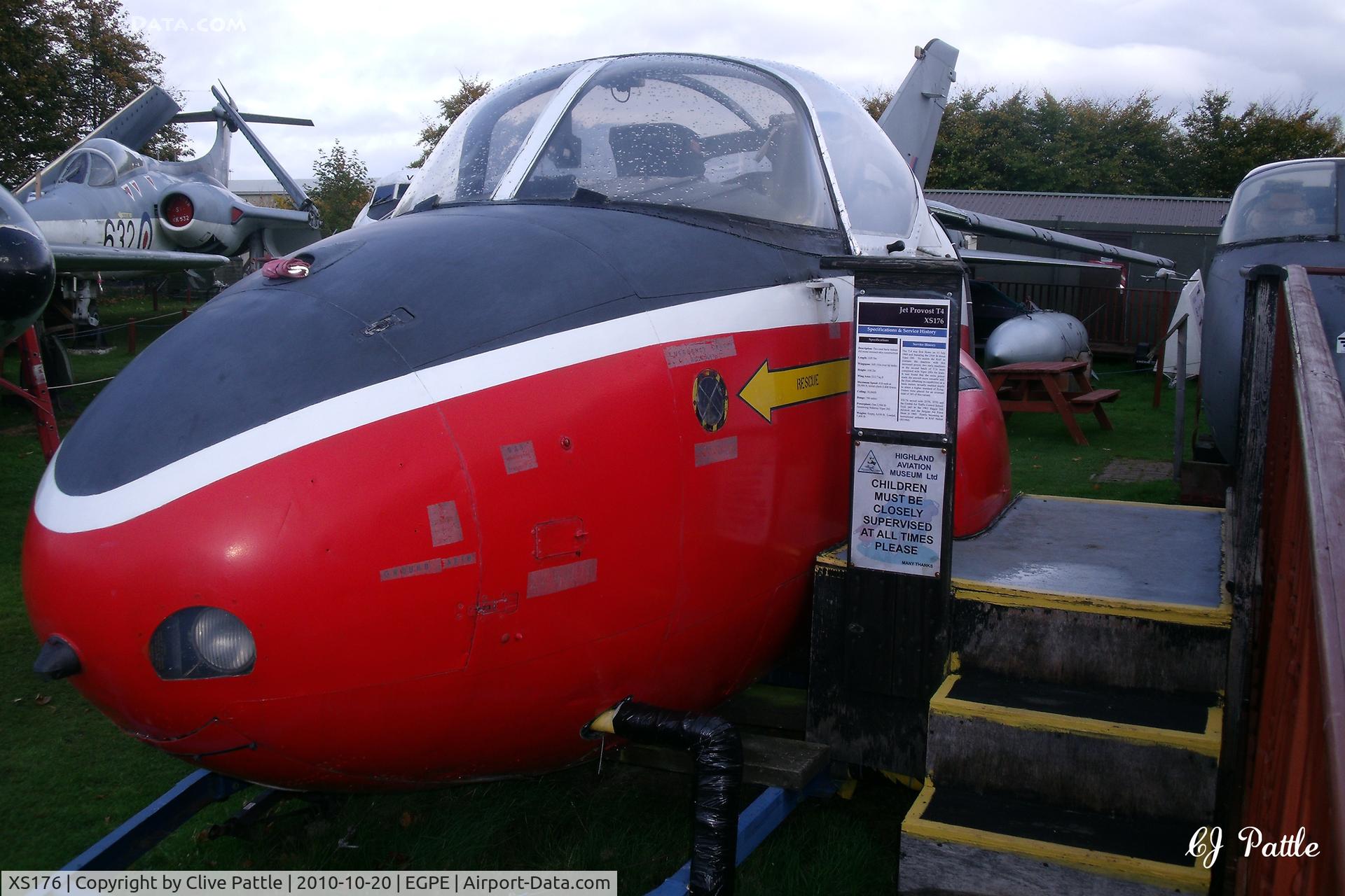 XS176, 1964 BAC P-84 Jet Provost T.4 C/N PAC/W/22162, Cockpit on external display, in RAF 3 FTS colours,  at the Highland Aviation Museum located at Inverness airport EGPE Scotland. Note the fitted trailer for mobile exhibitions.