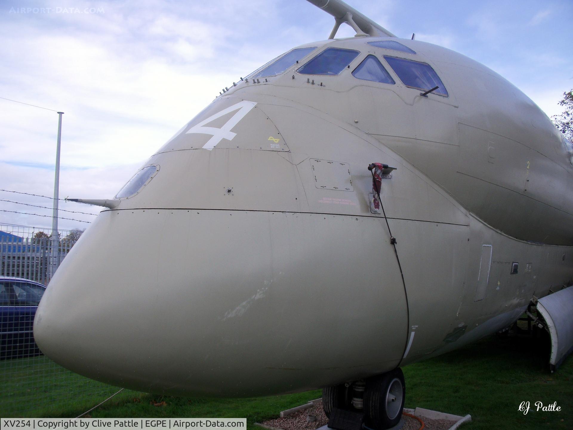 XV254, Hawker Siddeley Nimrod MR.2 C/N 8029, Cockpit and forward fuselage on external display, at the Highland Aviation Museum located at Inverness airport EGPE Scotland.