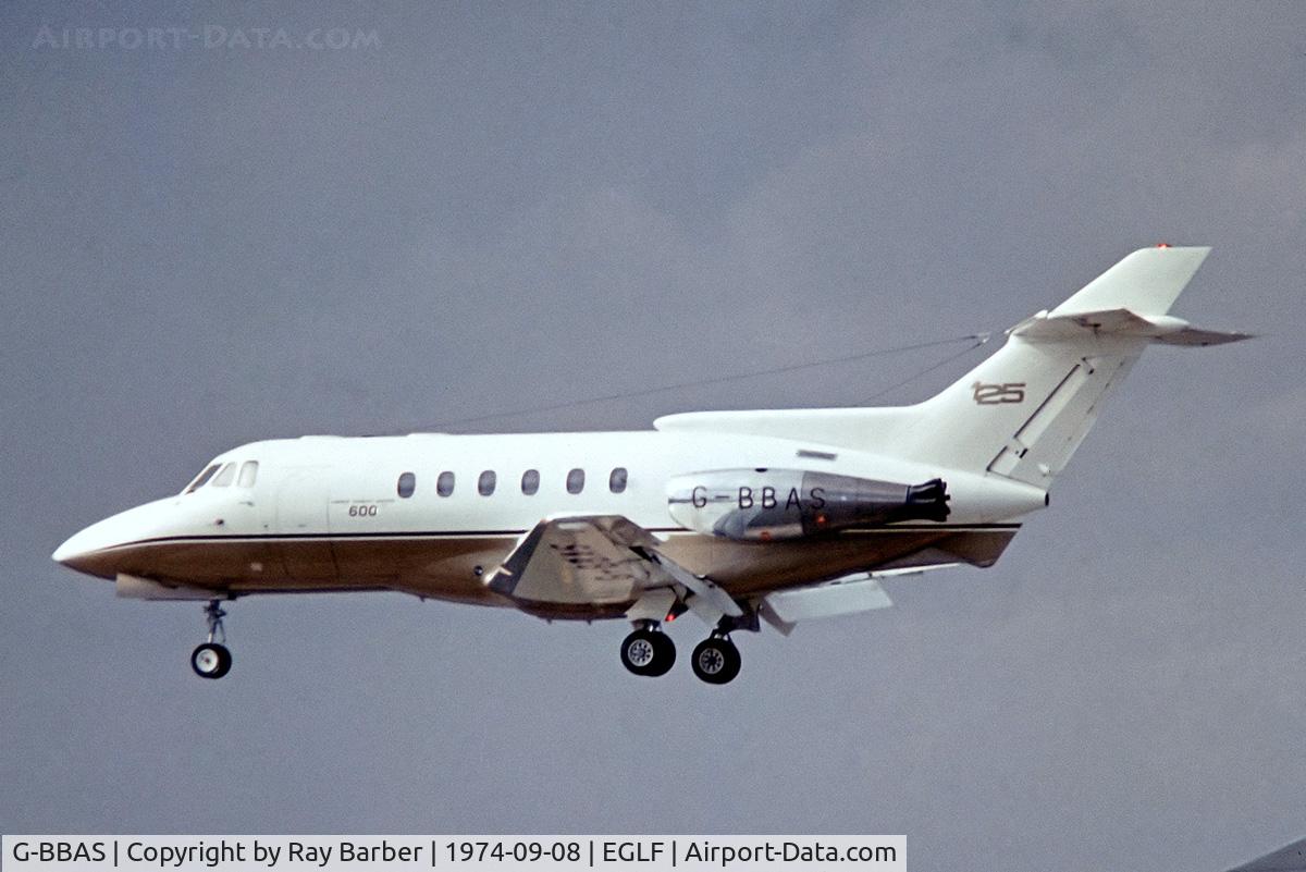G-BBAS, 1973 Hawker Siddeley HS.125 Series 600B C/N 256017, Hawker-Siddeley 125/600B [256017] (Hawker-Siddeley Aviation Ltd) Farnborough~G 08/09/1974. From a slide.
