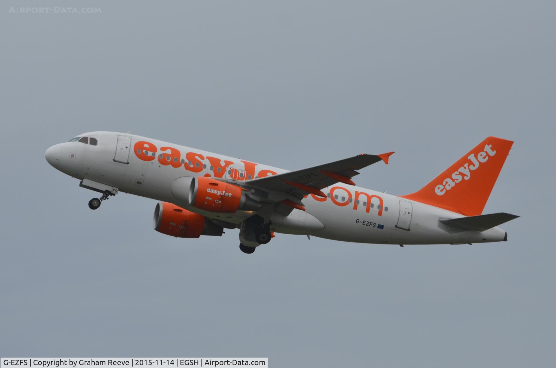 G-EZFS, 2009 Airbus A319-111 C/N 4129, Departing from Norwich after diverting there due to a medical emergency.