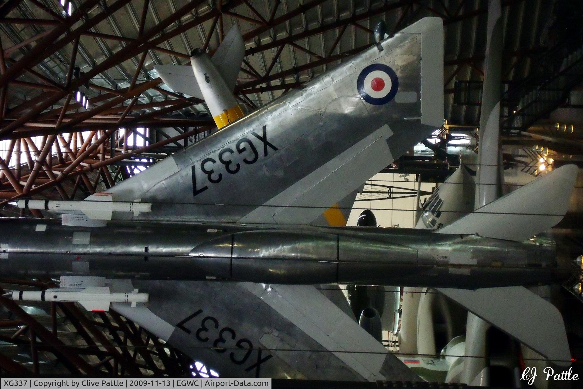 XG337, English Electric Lightning F.1 C/N 95026/1, On display in flying attitude at the Royal Air Museum, RAF Cosford EGWC.