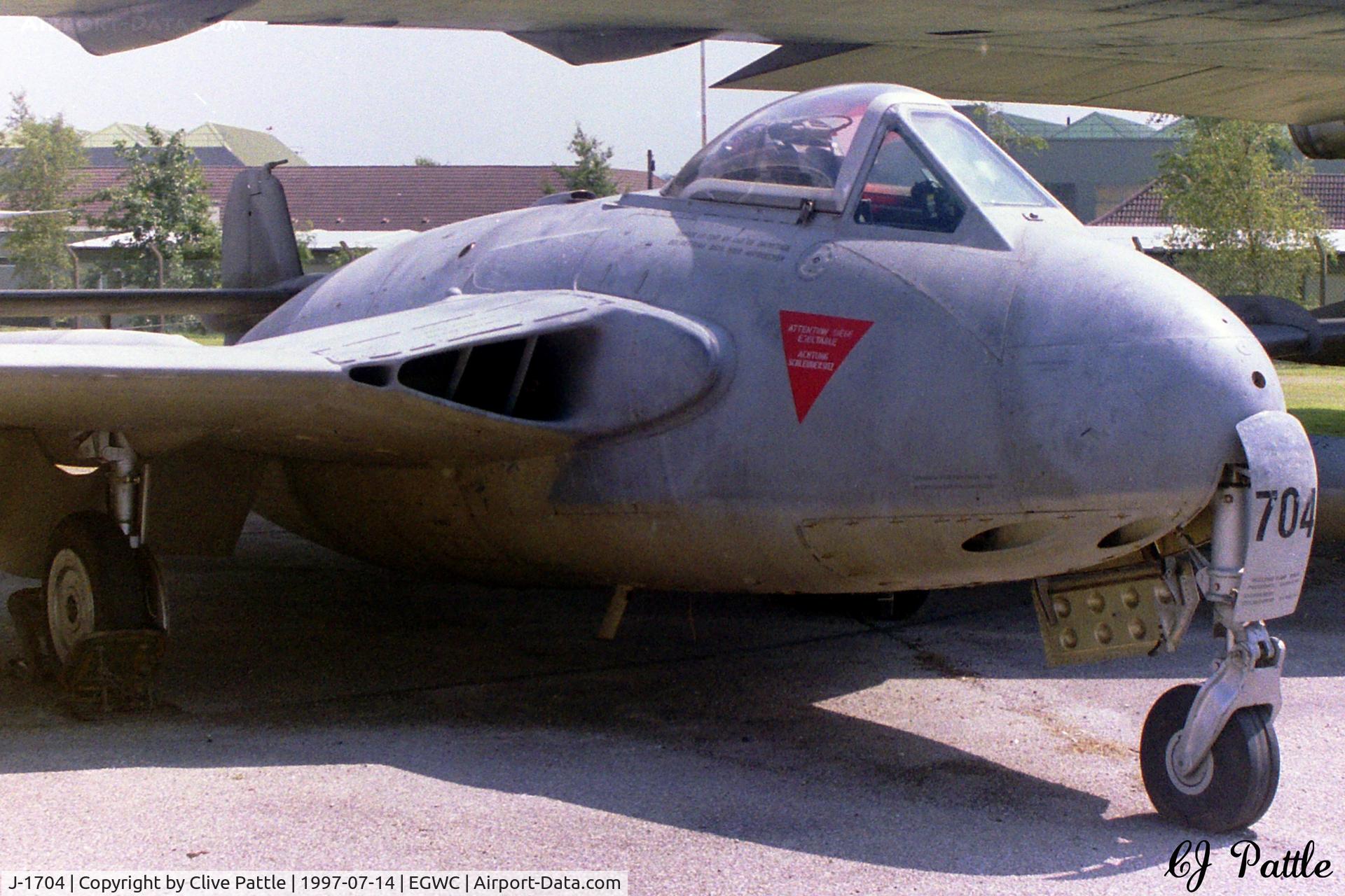 J-1704, 1956 De Havilland (F+W Emmen) DH-112 Venom FB.54 C/N 874, On external display at RAFM Cosford in July 1997