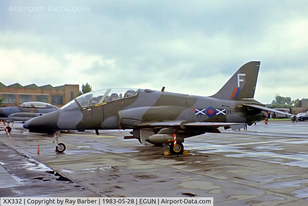 XX332, Hawker Siddeley Hawk T.1A C/N 41H-32156, BAe Hawk T.1A (F) [312156] (Royal Air Force) RAF Mildenhall 28/05/1983. From a slide.