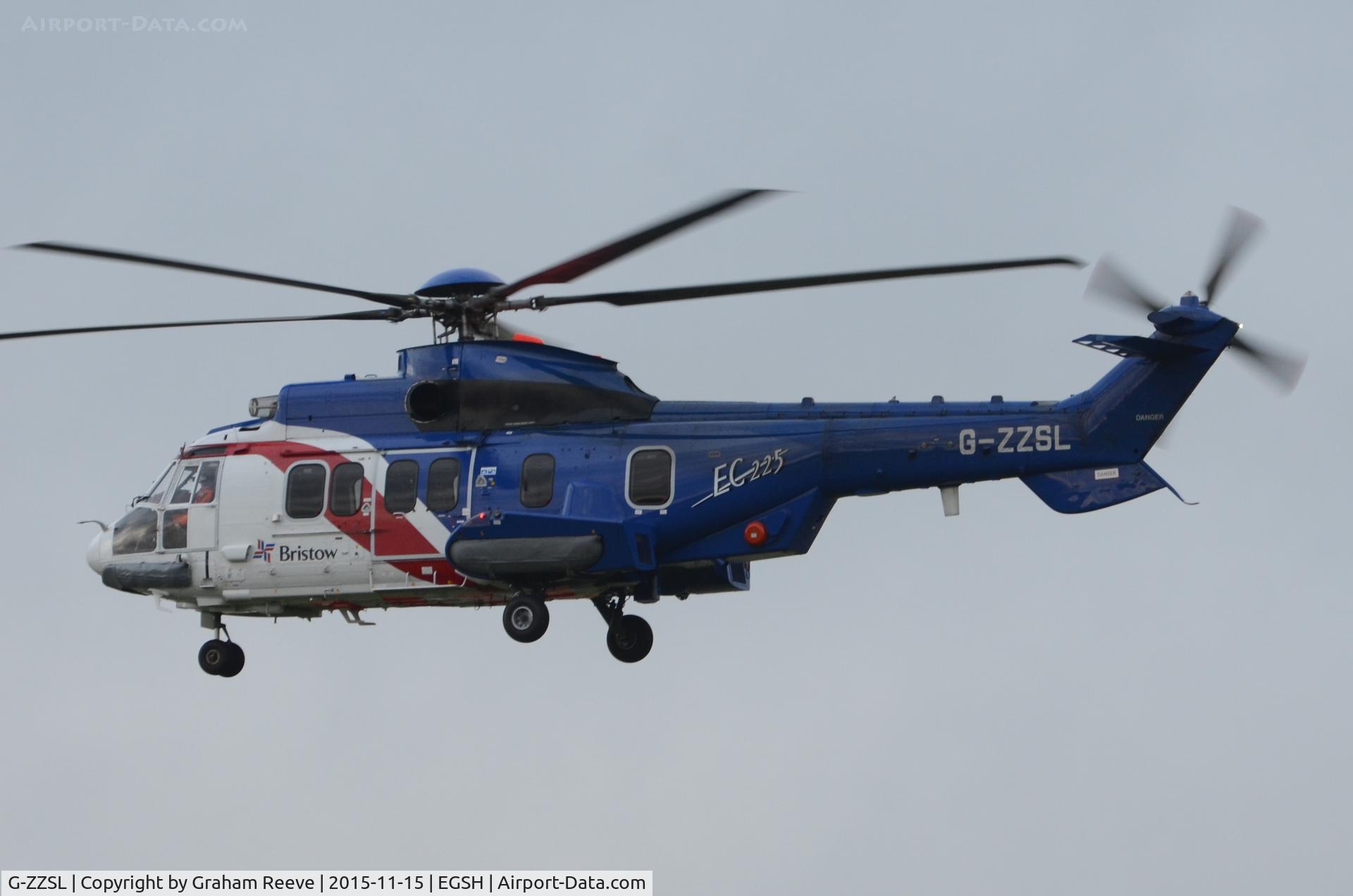 G-ZZSL, 2014 Airbus Helicopters EC-225LP Super Puma C/N 2928, Landing at Norwich.