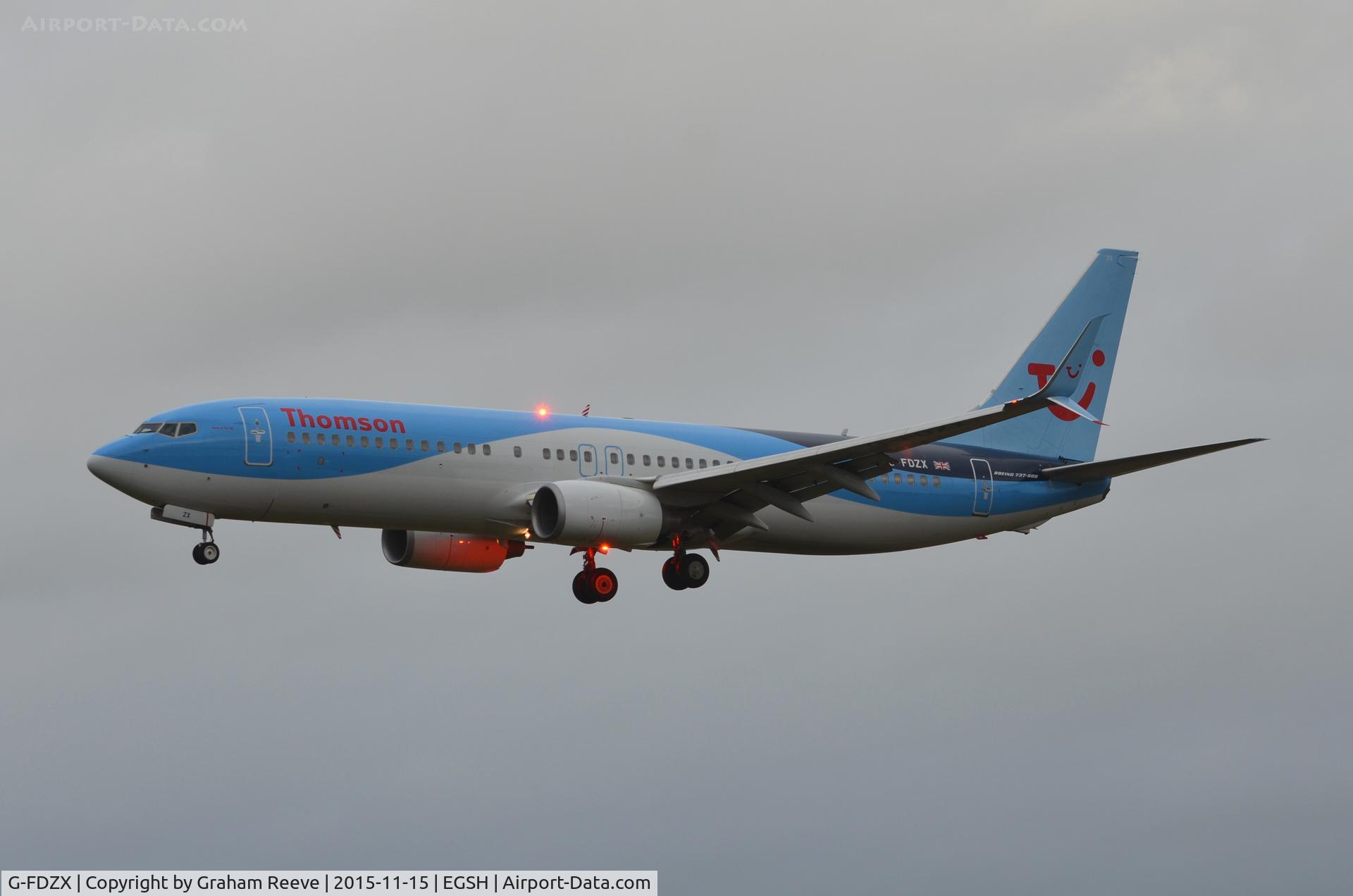 G-FDZX, 2011 Boeing 737-8K5 C/N 37258, Landing at Norwich.
