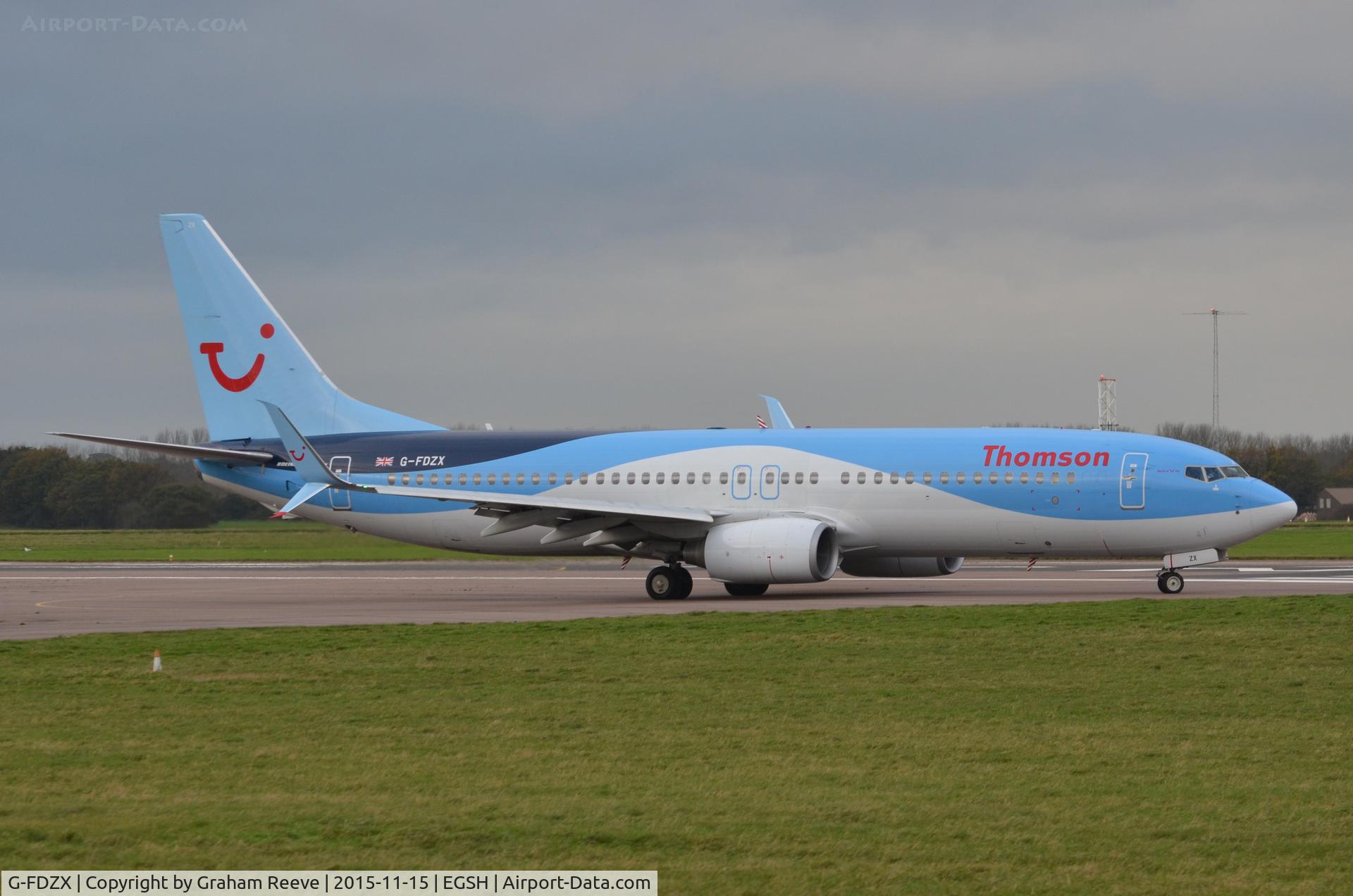 G-FDZX, 2011 Boeing 737-8K5 C/N 37258, About to depart from Norwich.