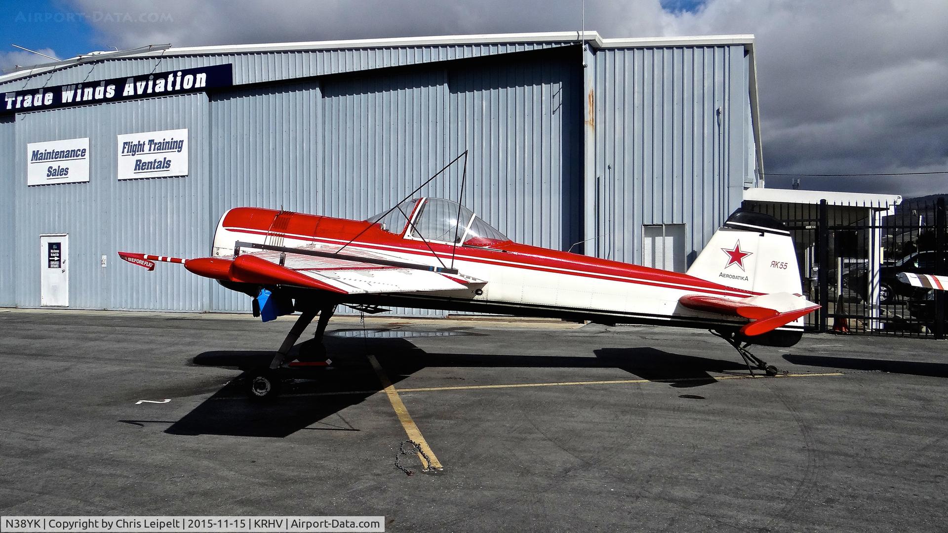 N38YK, 1987 Yakovlev Yak-55M C/N 870203, Locally-based 1987 Yak 55M parked on the TradeWinds ramp at Reid Hillview Airport, San Jose, CA. I'm not sure why it's parked at TradeWinds.. Possibly it's up for sale? Maybe an annual...