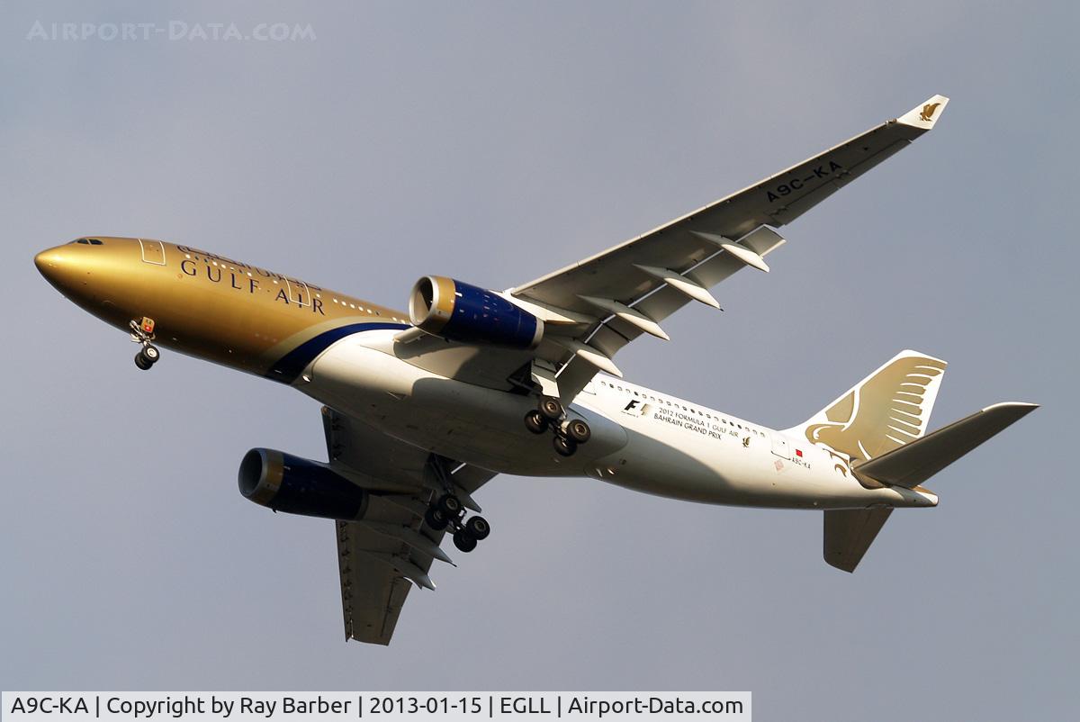 A9C-KA, 1999 Airbus A330-243 C/N 276, Airbus A330-243 [276] (Gulf Air) Home~G 15/01/2013. On approach 27R. Wears Formula 1 Grand Prix titles 2012.