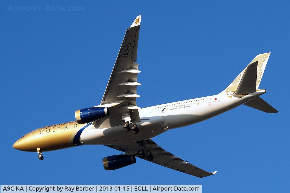 A9C-KA, 1999 Airbus A330-243 C/N 276, Airbus A330-243 [276] (Gulf Air) Home~G 15/01/2013. On approach 27R. Wears Formula 1 Grand Prix titles 2012.