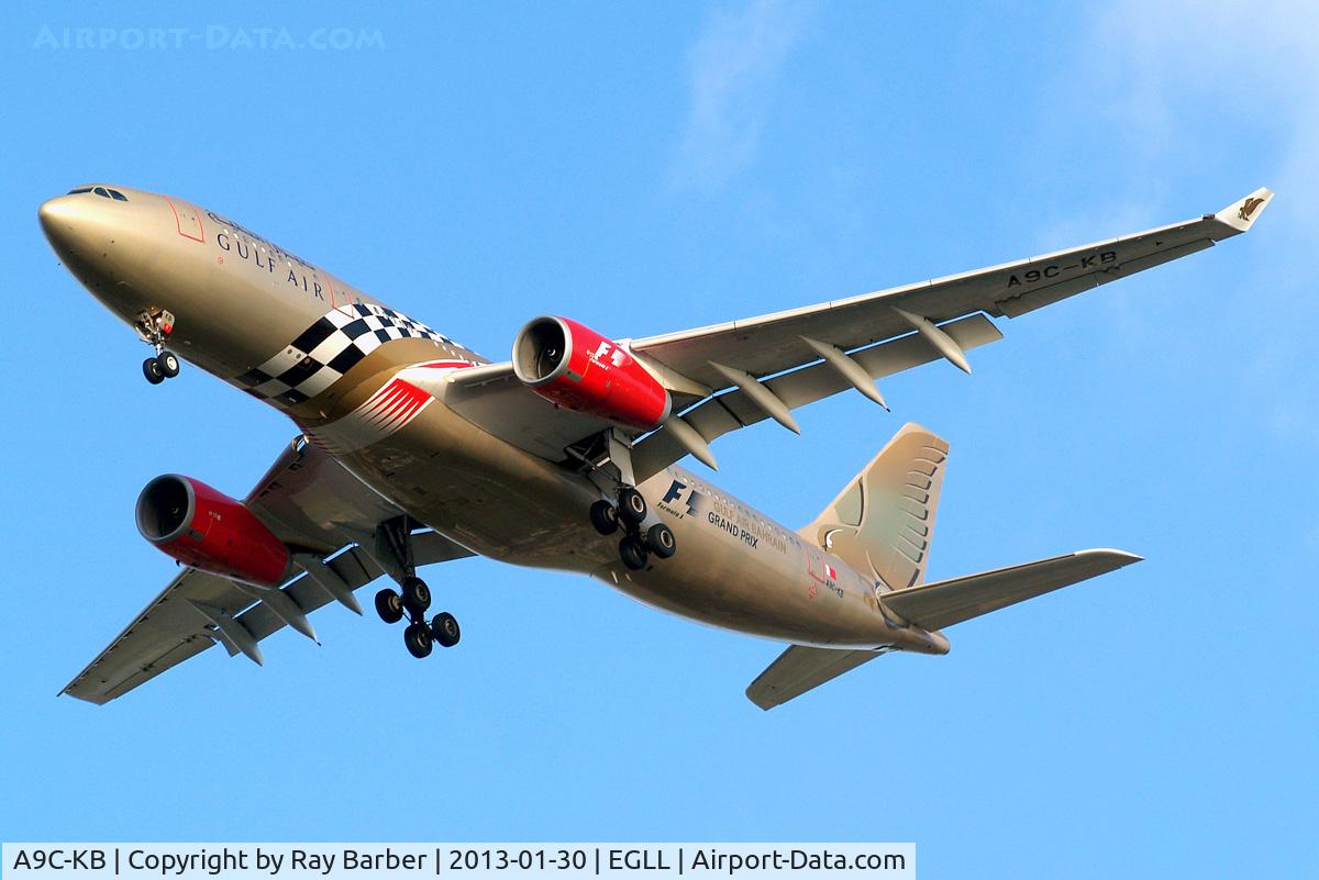 A9C-KB, 1999 Airbus A330-243 C/N 281, Airbus A330-243 [281] (Gulf Air) Home~G 30/01/2013. On approach 27R. Wearing F1 Grand Prix titles minus year.