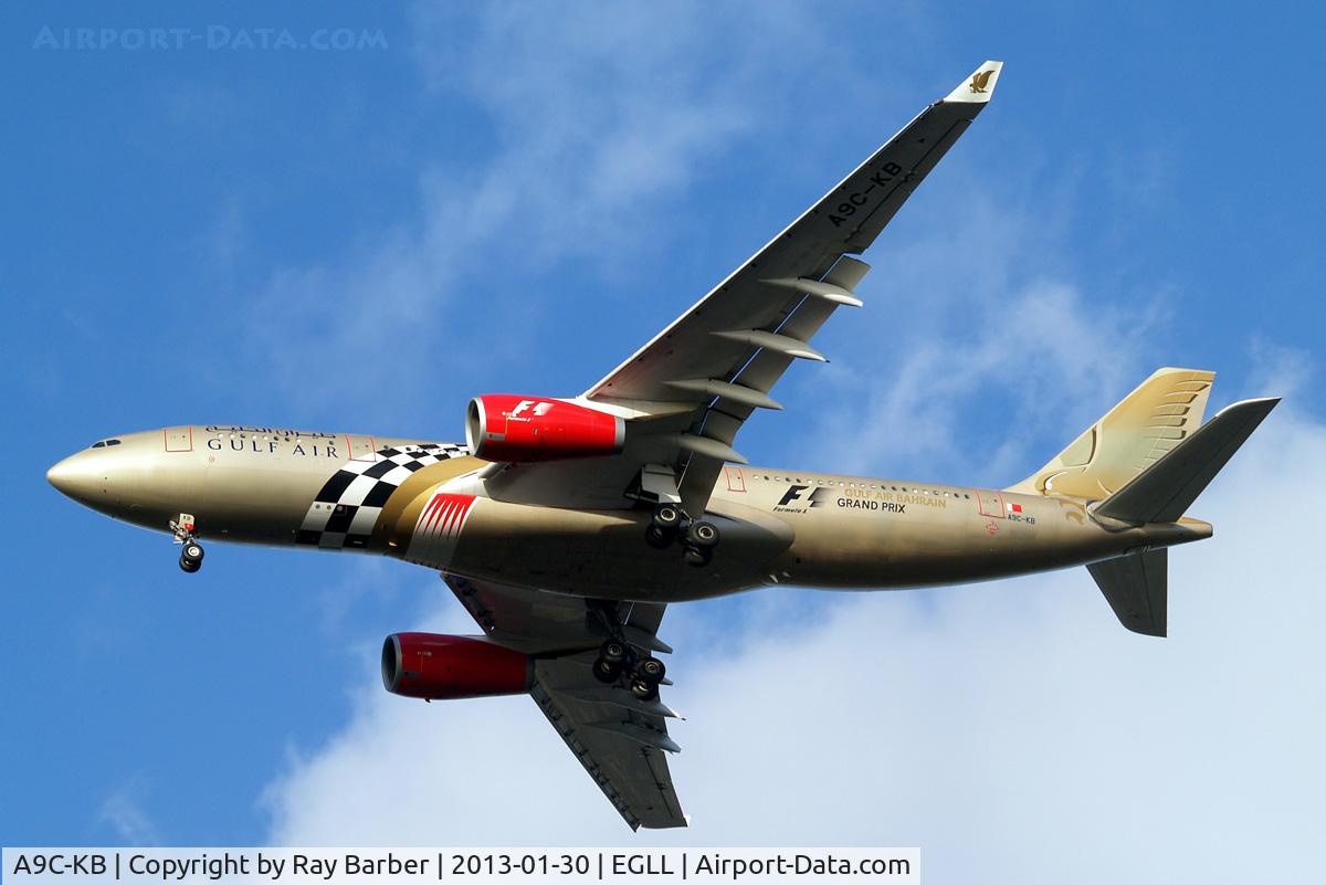 A9C-KB, 1999 Airbus A330-243 C/N 281, Airbus A330-243 [281] (Gulf Air) Home~G 30/01/2013. On approach 27R. Wearing F1 Grand Prix titles minus year.
