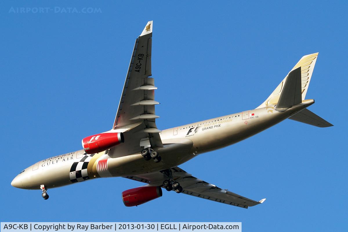 A9C-KB, 1999 Airbus A330-243 C/N 281, Airbus A330-243 [281] (Gulf Air) Home~G 30/01/2013. On approach 27R. Wearing F1 Grand Prix titles minus year.