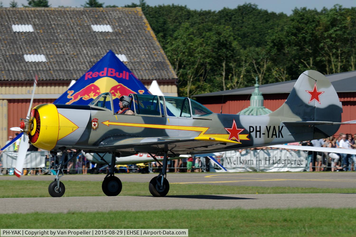 PH-YAK, 1987 Bacau Yak-52 C/N 877401, Yak-52 of Dutch Thunder Yaks on the runway of Breda airport (Seppe). the Netherlands