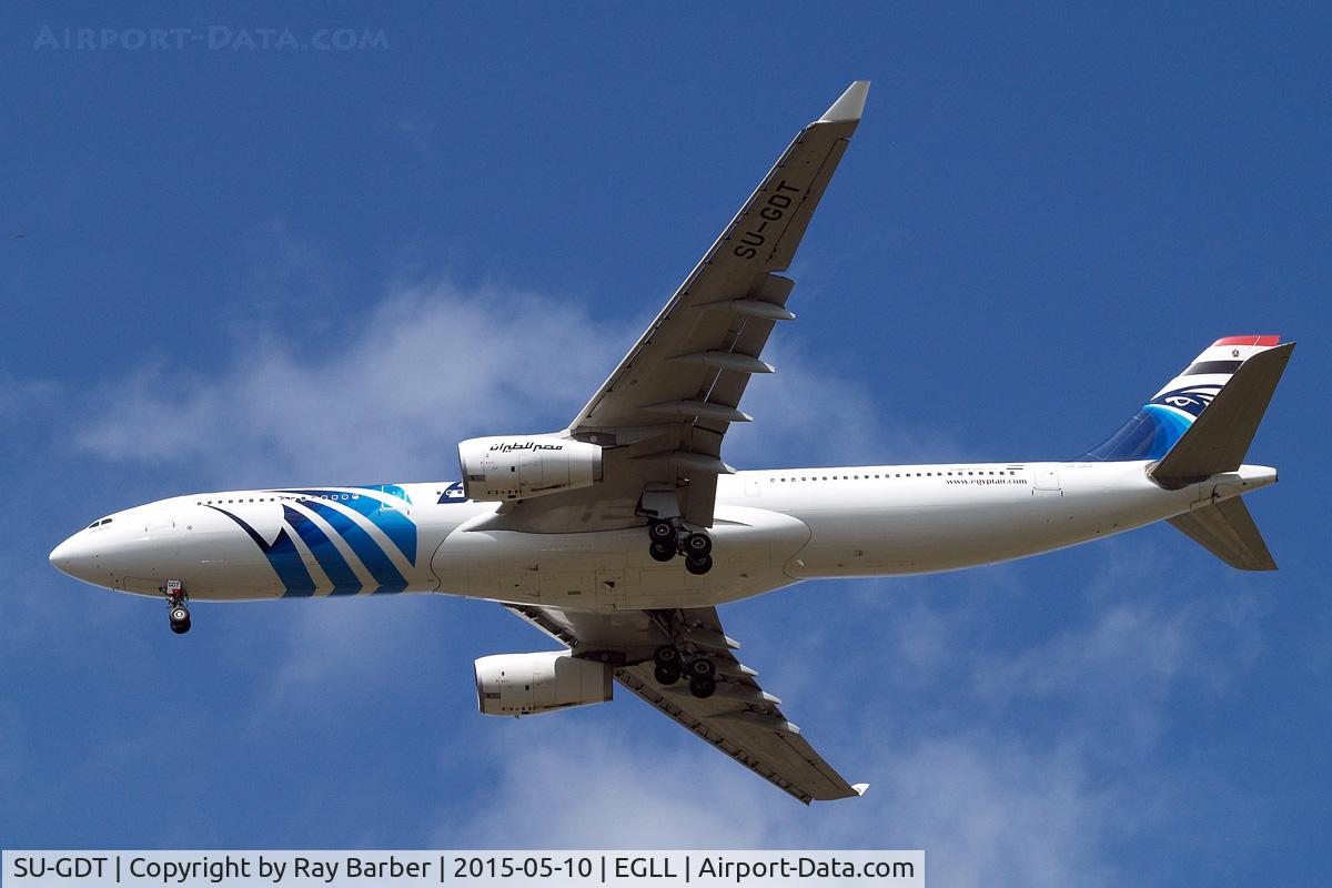 SU-GDT, 2011 Airbus A330-343X C/N 1230, Airbus A330-343E [1230] (EgyptAir) Home~G 10/05/2015. On approach 27R. National flag now applied to the top of the tail