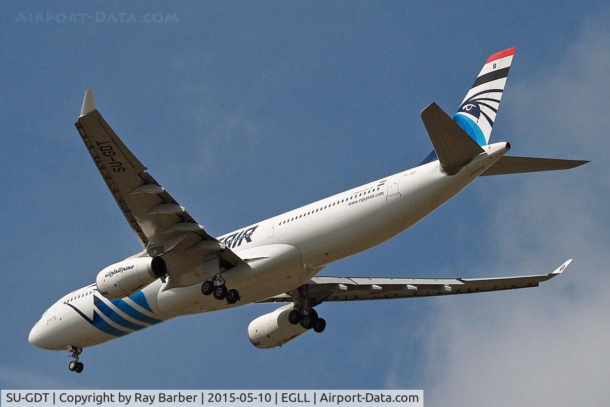SU-GDT, 2011 Airbus A330-343X C/N 1230, Airbus A330-343E [1230] (EgyptAir) Home~G 10/05/2015. On approach 27R. National flag now applied to the top of the tail