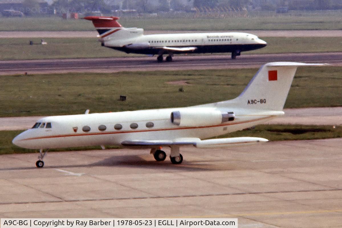 A9C-BG, 1977 Grumman G-1159 Gulfstream II-TT C/N 202, Gulfstream G2TT [202] (Bahrain Royal Flight) Heathrow~G 23/05/1978. From a slide.