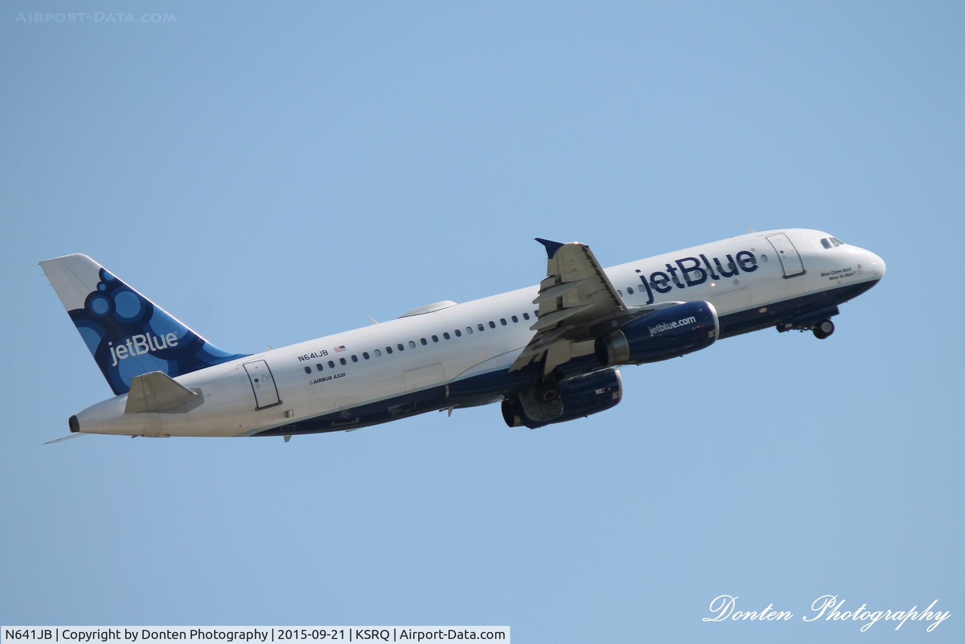 N641JB, 2006 Airbus A320-232 C/N 2848, JetBlue Flight 164 (N641JB) Blue Come Back Now Ya Hear departs Sarasota-Bradenton International Airport enroute to John F Kennedy International Airport