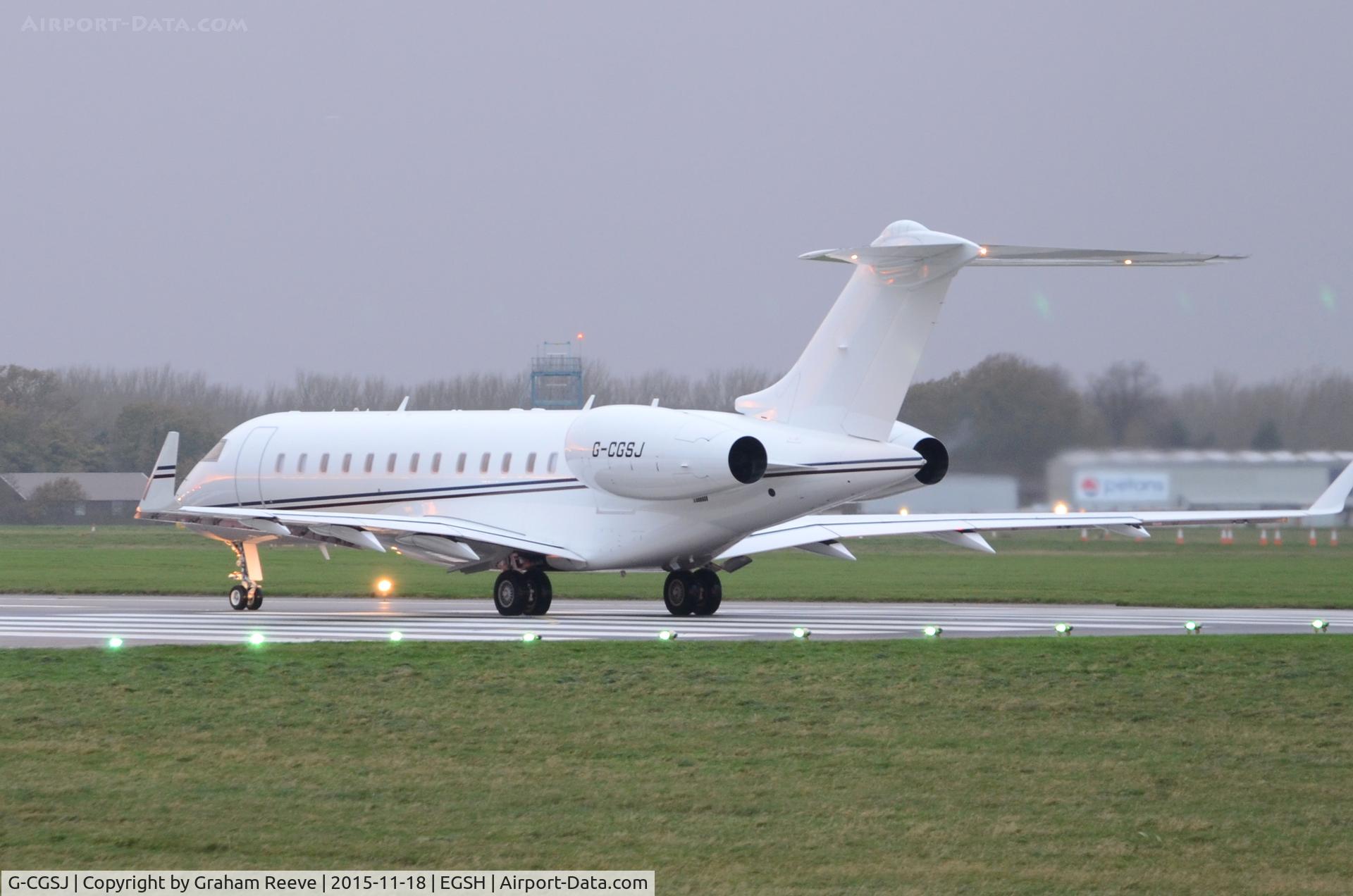 G-CGSJ, 2010 Bombardier BD-700-1A10 Global Express C/N 9377, About to depart from Norwich.