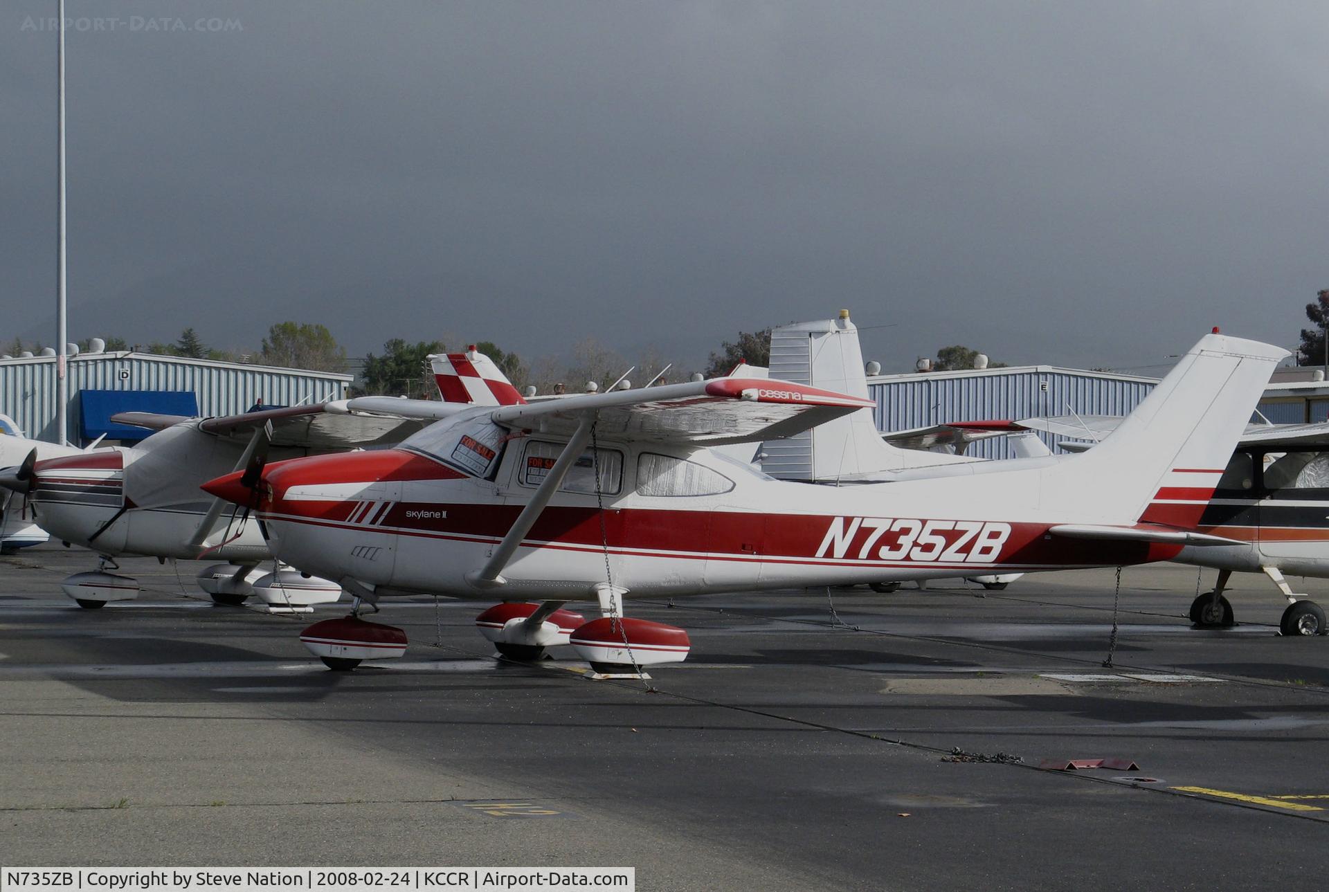 N735ZB, Cessna 182Q Skylane C/N 18265805, Locally-based 1977 Cessna 182Q @ Buchanan Field, Concord, CA with cockpit cover and for sale signs (now registered to owner in Moab, UT)