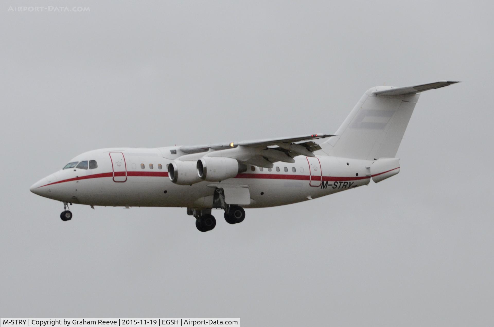 M-STRY, 1995 British Aerospace Avro 146-RJ70 C/N E1267, Ex A6-LIW landing at Norwich.