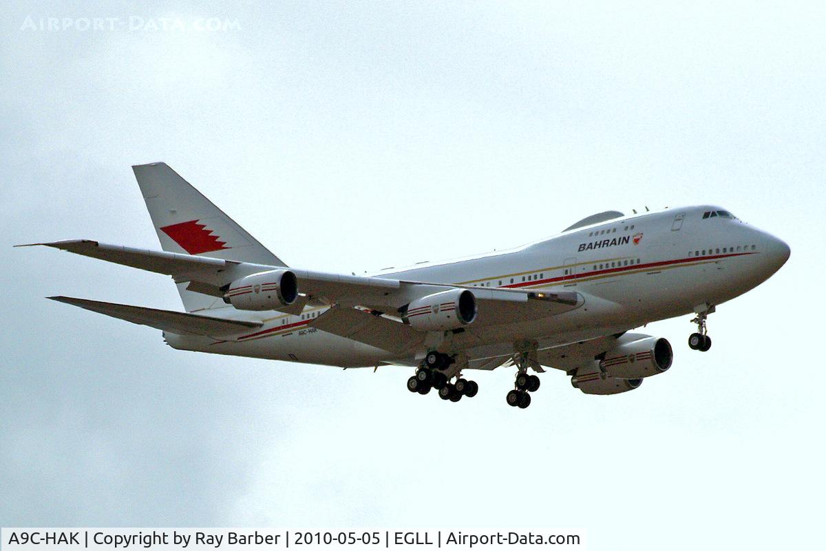 A9C-HAK, 1987 Boeing 747SP-Z5 C/N 23610/676, Boeing 747SP-P6 [23610] (Bahrain Royal Flight) Home~G 05/05/2010. On approach 27L.