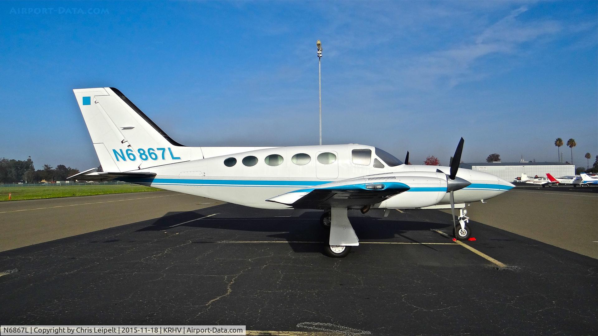 N6867L, 1981 Cessna 421C Golden Eagle C/N 421C1087, Newly locally-based Cessna 421C parked on its temporary tie down in bright sunshine at Reid Hillview Airport, San Jose, CA.