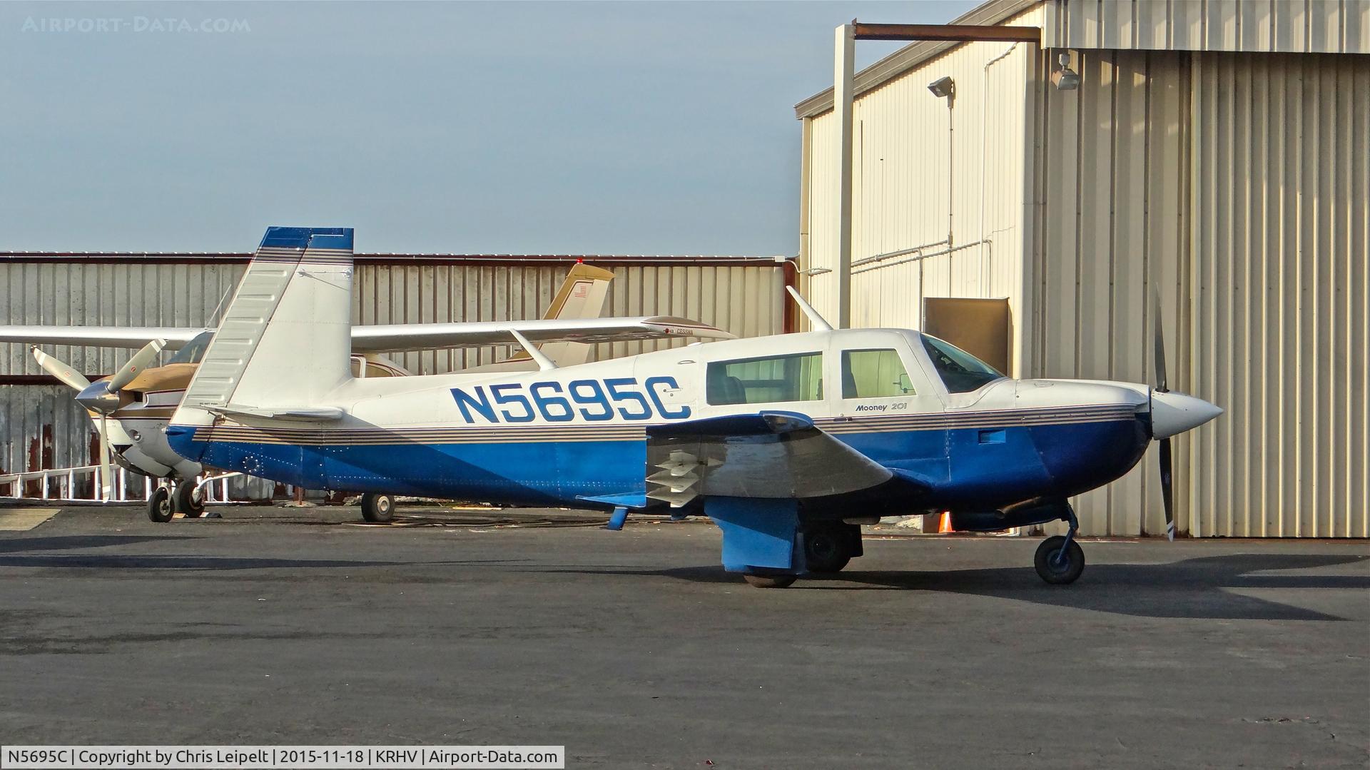 N5695C, 1983 Mooney M20J 201 C/N 24-1410, Modesto-based 1983 Mooney M20J parked in front of the Aerial Avionics hangar at Reid Hillview Airport, San Jose, CA.