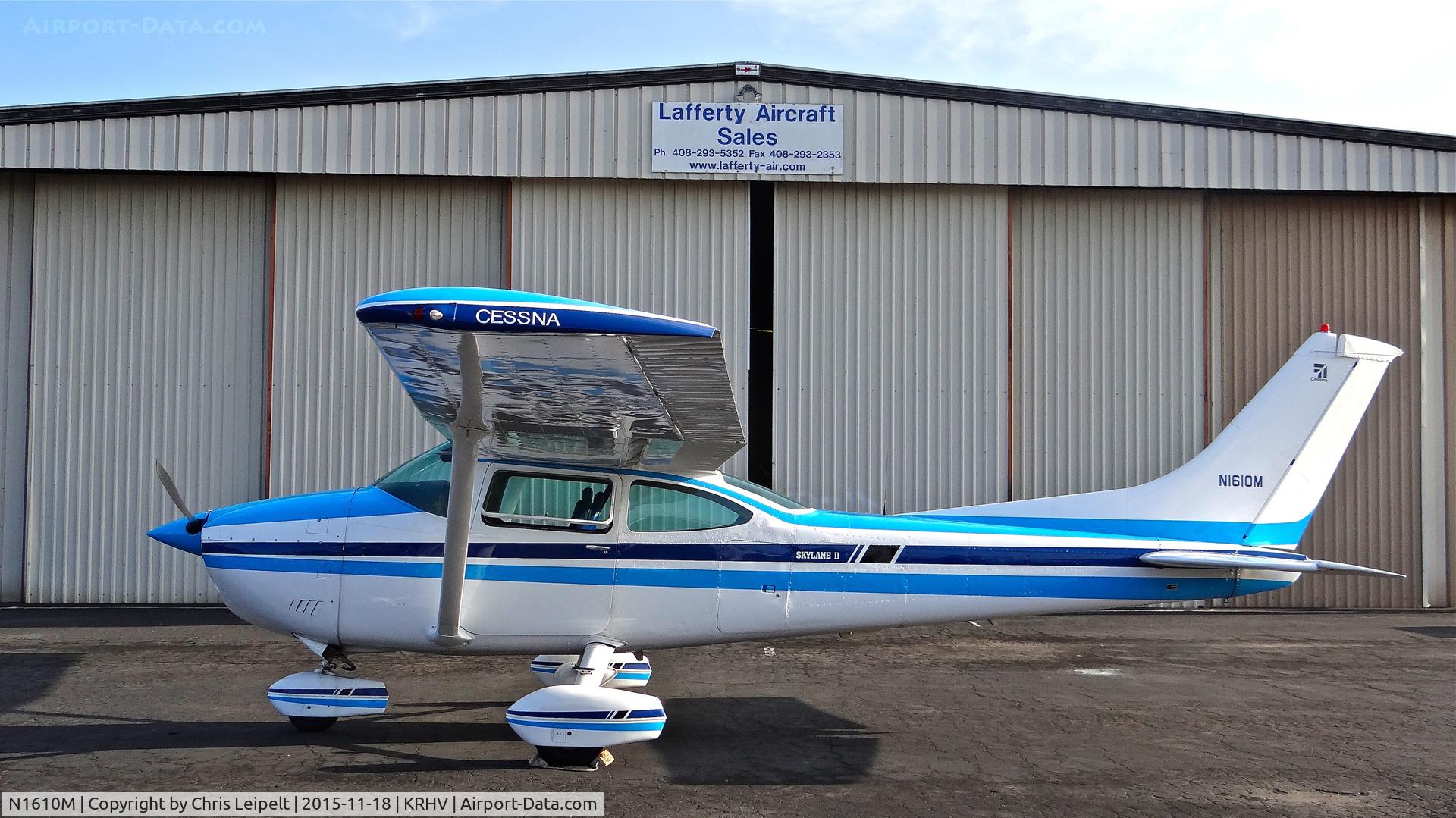 N1610M, 1975 Cessna 182P Skylane C/N 18264395, Dick James and Associates Inc. (Sacramento, CA) 1975 Cessna 182P parked in front of the Lafferty Aircraft Sales hangar at Reid Hillview Airport, San Jose, CA.