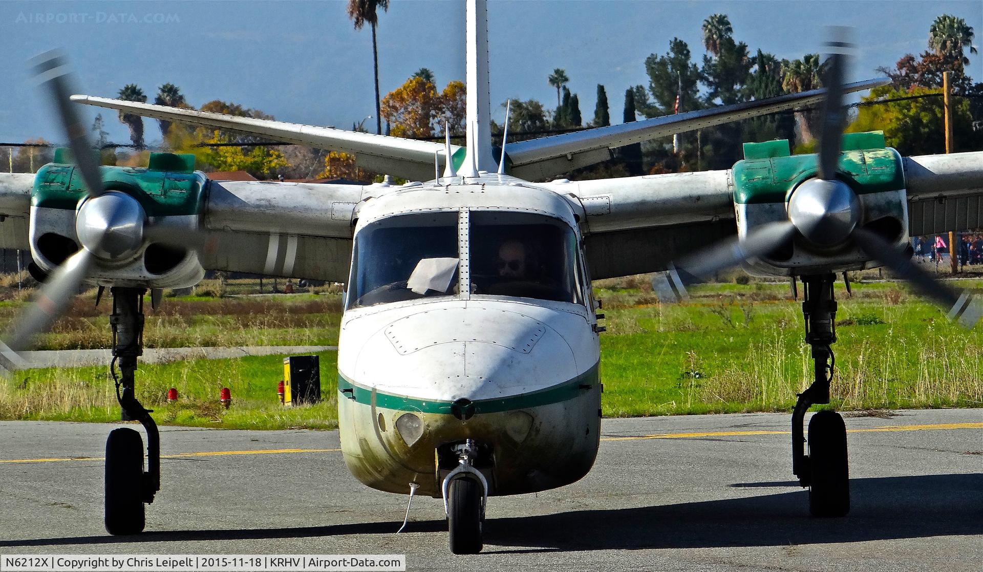 N6212X, 1963 Aero Commander 500B Commander Commander C/N 500B-1102-63, Locally-based 1963 Aero Commander 500-B taxing in head on after flying VFR around the Bay Area at Reid Hillview Airport, San Jose, CA.