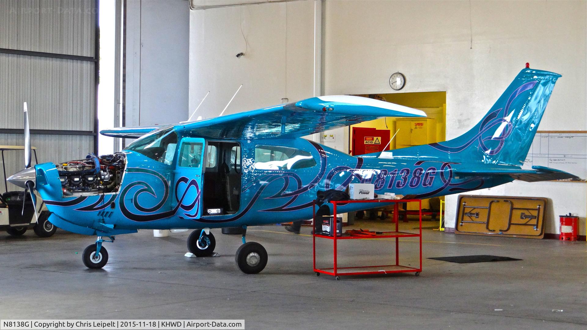 N8138G, 1971 Cessna T210K Turbo Centurion C/N 21059438, Locally-based and very interesting 1971 Cessna T210K parked inside the Mather hangar for maintenance at Hayward Executive Airport, Hayward, CA.