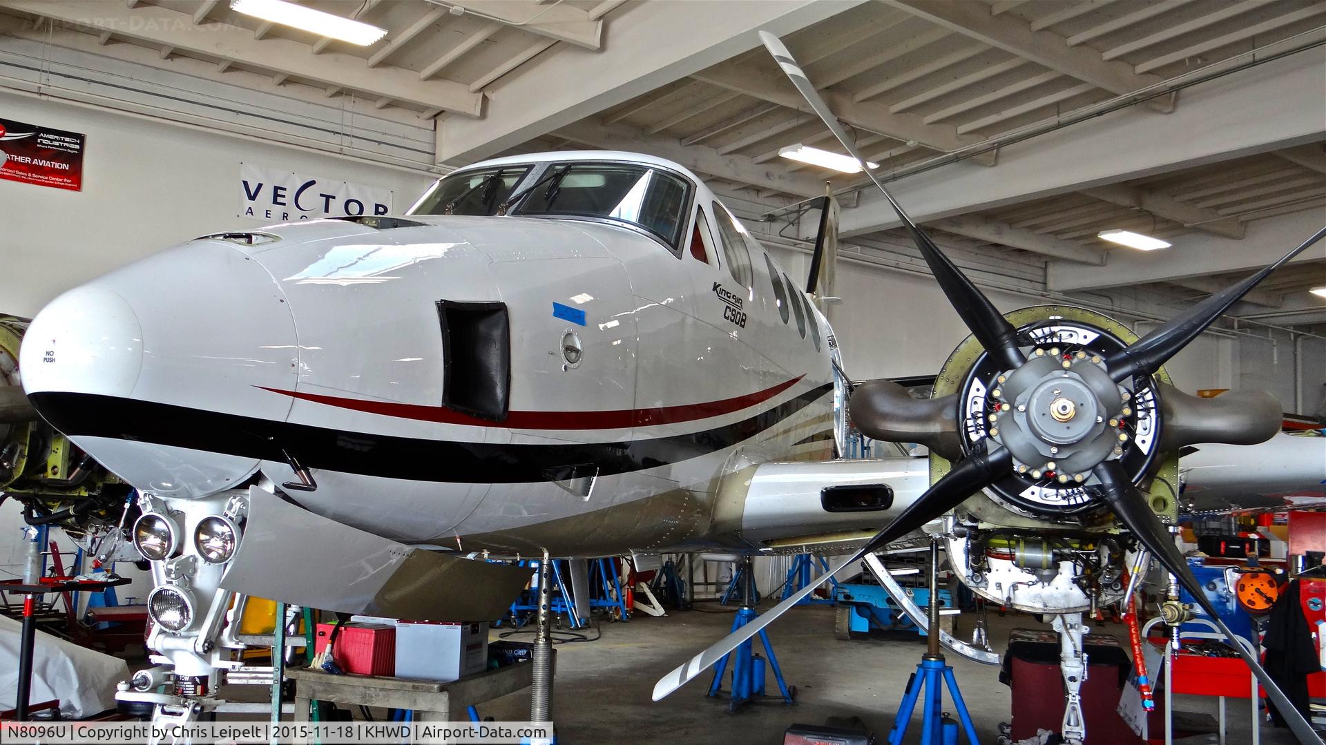 N8096U, 1993 Beech C90A King Air C/N LJ-1326, Reid Hillview-based 1993 Beechcraft King Air C90A parked in the Mather hangar for a huge inspection at Hayward Executive Airport, Hayward, CA.