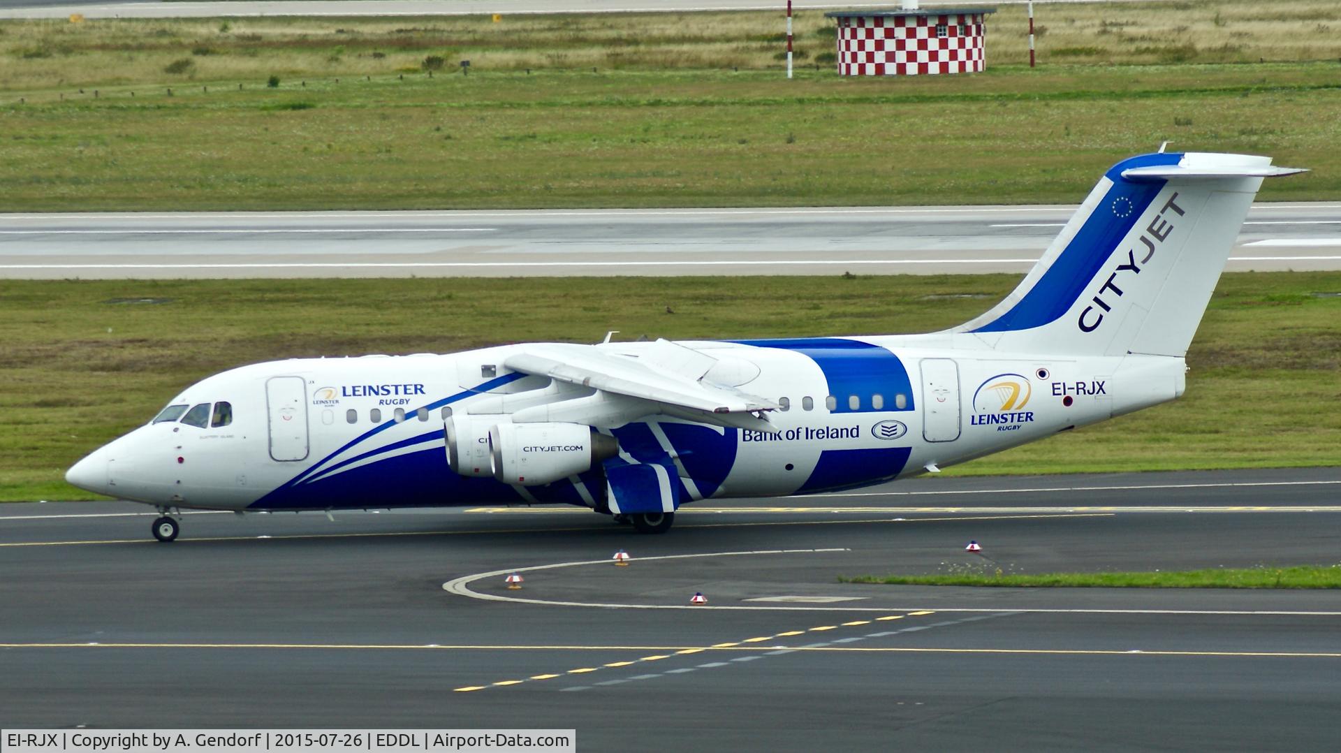 EI-RJX, 2000 BAe Systems Avro 146-RJ85A C/N E.2372, CityJet (Leinster Rugby cs.), is here on the way to the parking position at Düsseldorf int'l(EDDL), after arrival from London City(EGLC)
