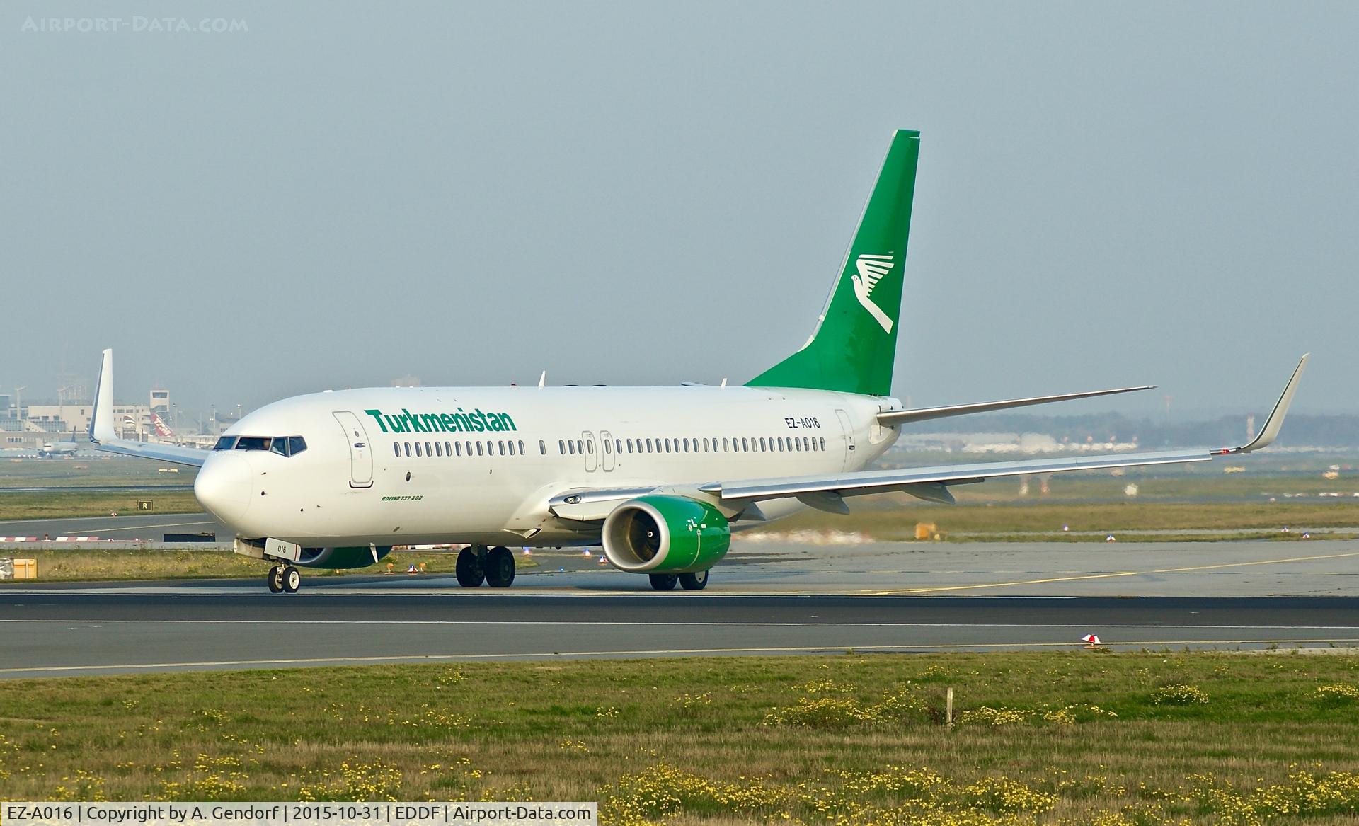 EZ-A016, 2013 Boeing 737-82K C/N 39775, Turkmenistan Airlines, is here waiting for line up clearence at Frankfurt Rhein/Main(EDDF)