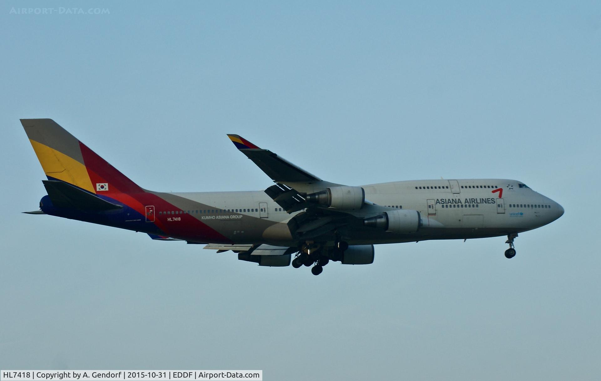 HL7418, 1994 Boeing 747-48E C/N 25780, Asiana Airlines, is here approaching RWY 25R at Frankfurt Rhein/Main(EDDF)