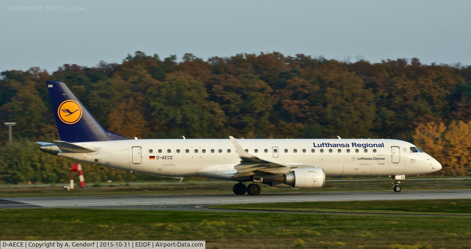 D-AECE, 2010 Embraer 190LR (ERJ-190-100LR) C/N 19000341, Lufthansa Cityline, seen here at Frankfurt Rhein/Main(EDDF)