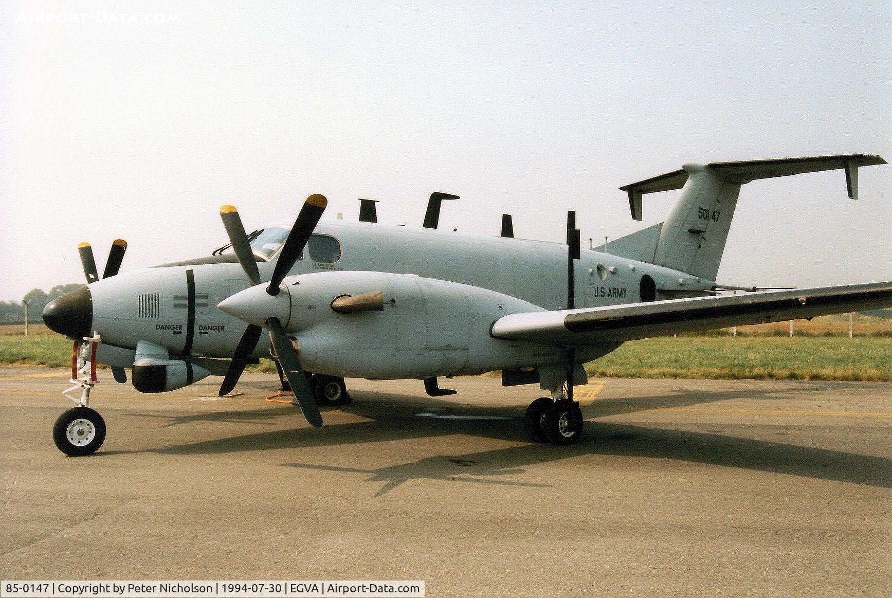 85-0147, 1984 Beech RC-12K Huron C/N FE-001, RC-12K Huron, radio callsign Argus 53,  of 1st Military Intelligence Battalion based at Wiesbaden, Germany on display at the 1994 International Air Tattoo at RAF Fairford.