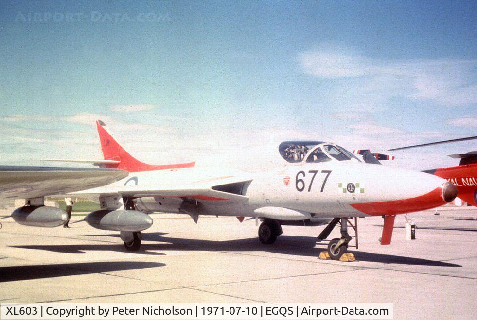 XL603, 1958 Hawker Hunter T.8 C/N 41H-695926, Hunter T.8 of 764 Squadron on display at the 1971 RNAS Lossiemouth Airshow.